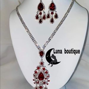 Red And Silver Jewelry Set Necklace and Earrings